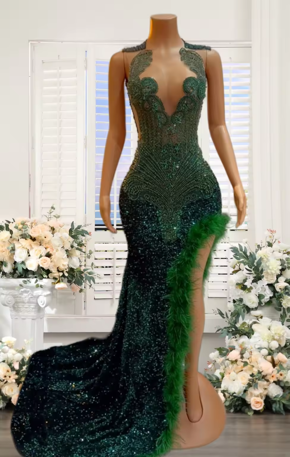 Emerald Green Sparkly African Prom Dresses for Women Luxury Diamond Crystal Feather Slit Evening Birthday Gala Gown Black Girl