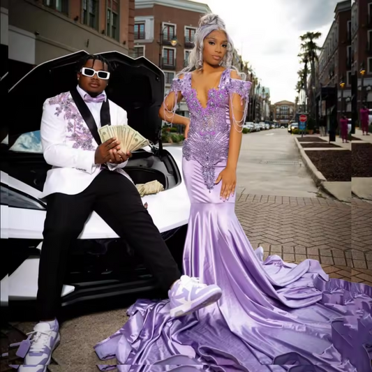Customized Luxury Lilac Mermaid Prom Dress Shiny Crystal Beaded Black Girls Birthday Evening Gala Party Gown