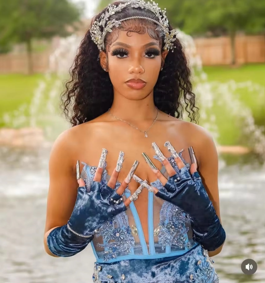Customized 2025 Sparkly Blue Velvet Mermaid Prom Dress Black Girls Silver Rhinestones Beaded Aso Ebi Party Gown