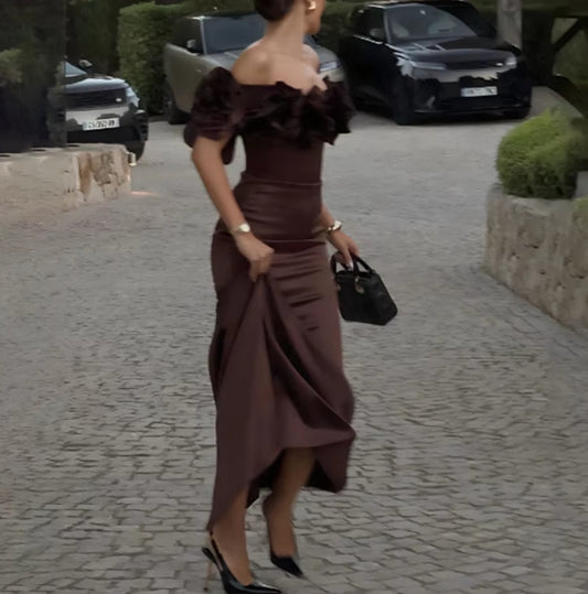 Chocolate Elegant Prom Dresses Off Shoulder Satin Formal Evening Dress Sweetheart Trumpet Party Dress for Woman Customized