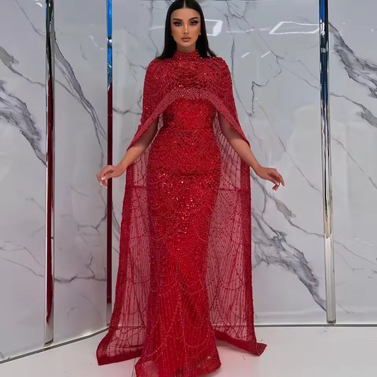 Luxury Pearls Dubai Champagne Evening Dresses with Cape New Arabic Women Mermaid Wedding Party Prom Dress
