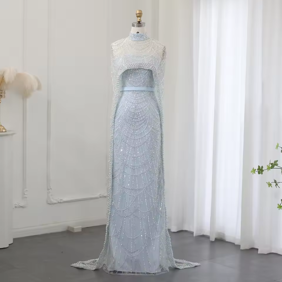 Luxury Pearls Dubai Champagne Evening Dresses with Cape New Arabic Women Mermaid Wedding Party Prom Dress