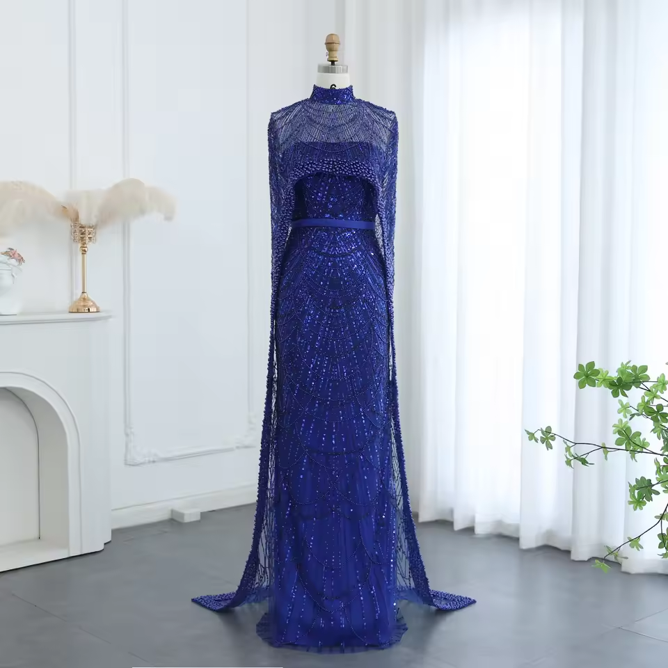 Luxury Pearls Dubai Champagne Evening Dresses with Cape New Arabic Women Mermaid Wedding Party Prom Dress