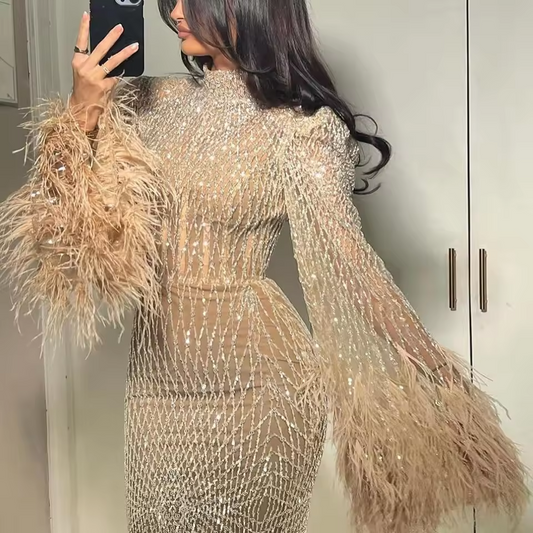 Luxury Dubai Feathers Nude Evening Dresses Long Sleeves High Neck Arabic Wedding Formal Party Gowns