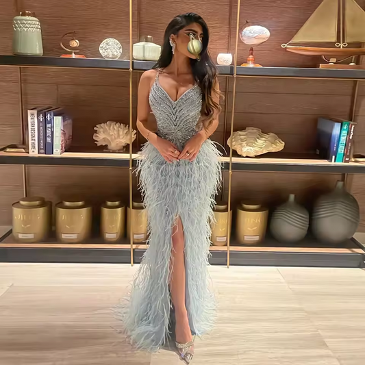 Luxury Beaded Blue Feather Prom Dress Sexy Spaghetti Straps Backless Rose Pink Evening Dress Arabic