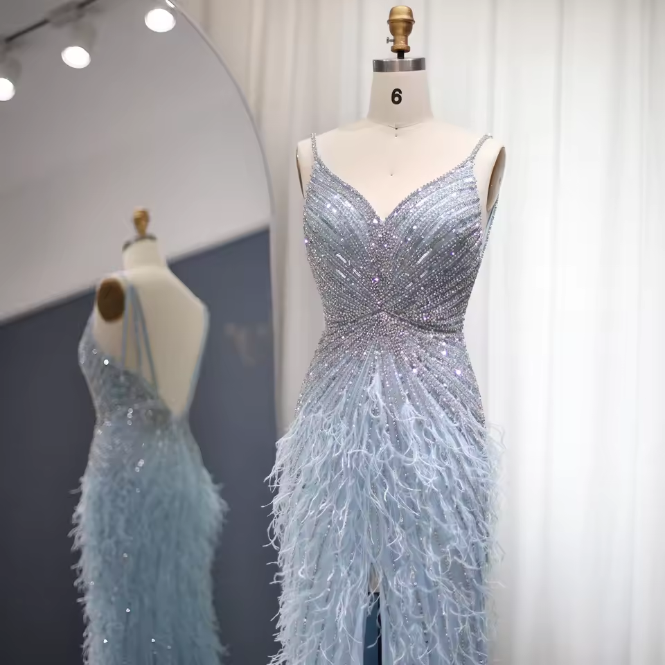 Luxury Beaded Blue Feather Prom Dress Sexy Spaghetti Straps Backless Rose Pink Evening Dress Arabic