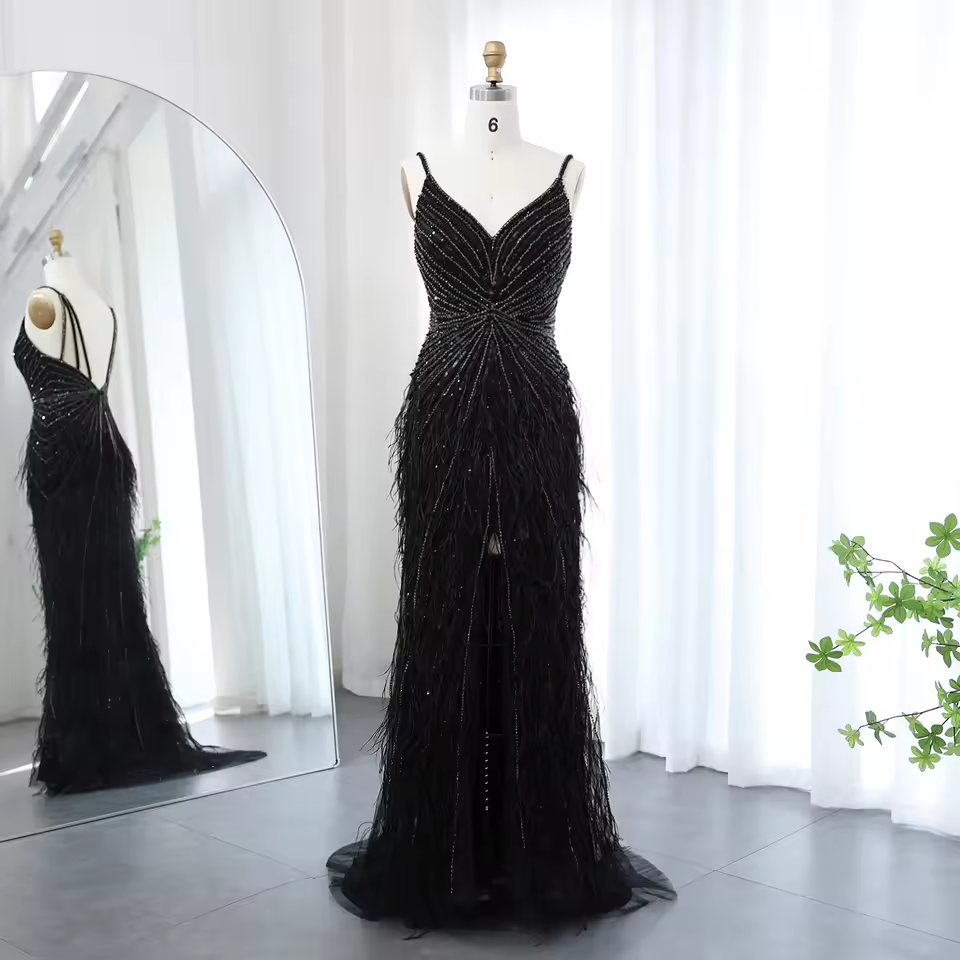 Luxury Beaded Blue Feather Prom Dress Sexy Spaghetti Straps Backless Rose Pink Evening Dress Arabic