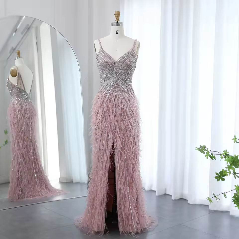 Luxury Beaded Blue Feather Prom Dress Sexy Spaghetti Straps Backless Rose Pink Evening Dress Arabic