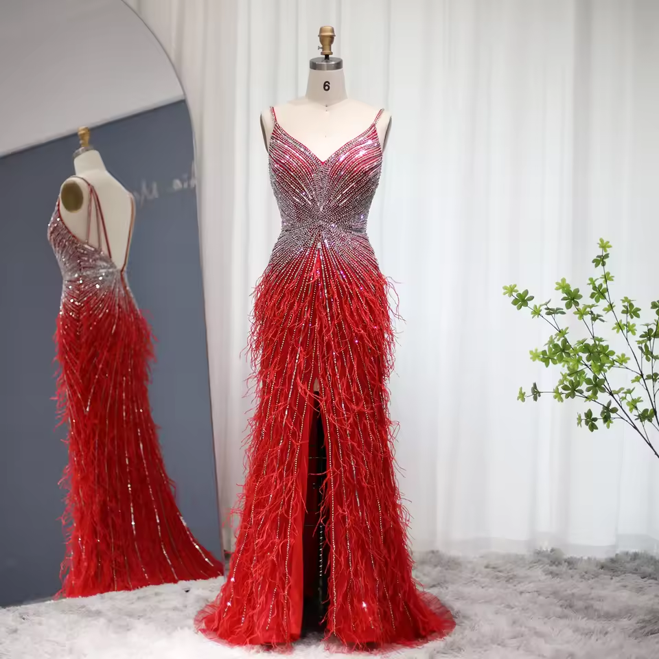 Luxury Beaded Blue Feather Prom Dress Sexy Spaghetti Straps Backless Rose Pink Evening Dress Arabic