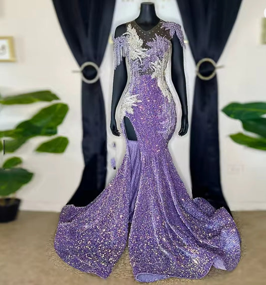 Luxury Diamonds Long Prom Dress 2025 Purple Beads Crystals Sequins Mermaid Birthday Wedding Party Gown Customized