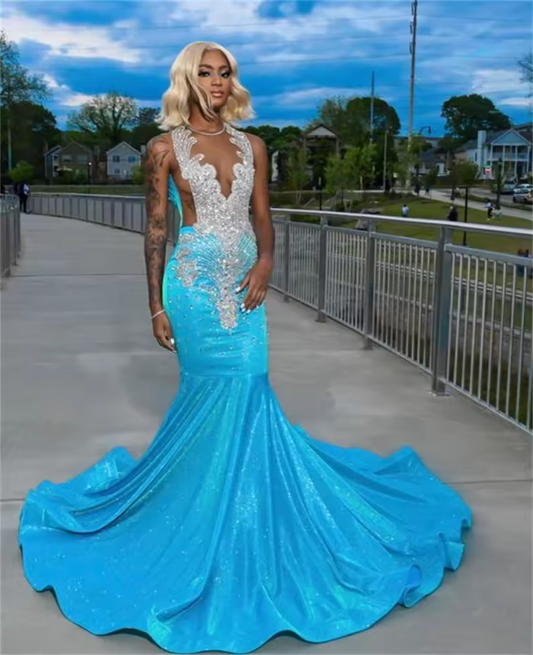 Diamonds Blue Long Prom Dress For Black Girls 2025 Glitter Crystal Gems Gown Birthday Party Gowns Robe Customized
