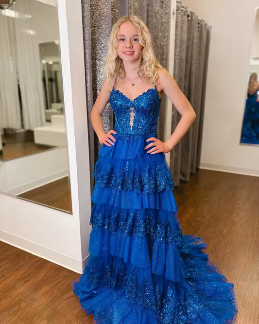 Royal Blue Tiered Lace Appliques Corset Prom Dresses Long for Women 2025 Spaghetti Straps Ruffle Formal Evening Gowns Customized