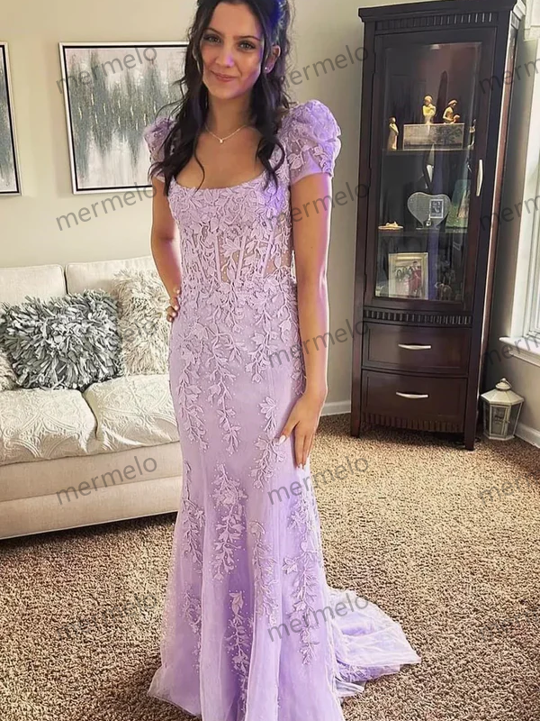 Ivory Square Neck Puff Sleeves Appliques Tulle Long Prom Dress