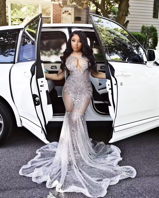Silver Sexy Long Prom Dresses For Black Girls 2025 Beaded Evening Dress Gown Crystal Sequin Birthday Party Gowns Customized