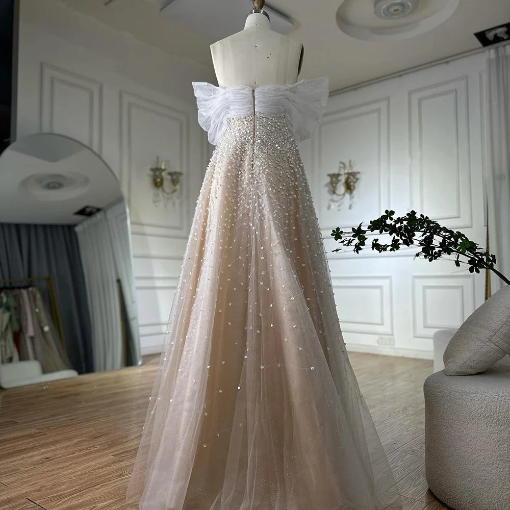Arabic Blue Off The Shoulder Beaded Elegant A-Line Long Evening Dresses Gowns for Formal Occasion