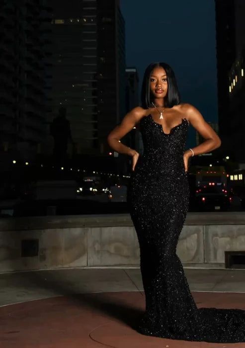 Sexy Mermaid Sweetheart Sequin Slit Black Long Prom Dresses Party Dress
