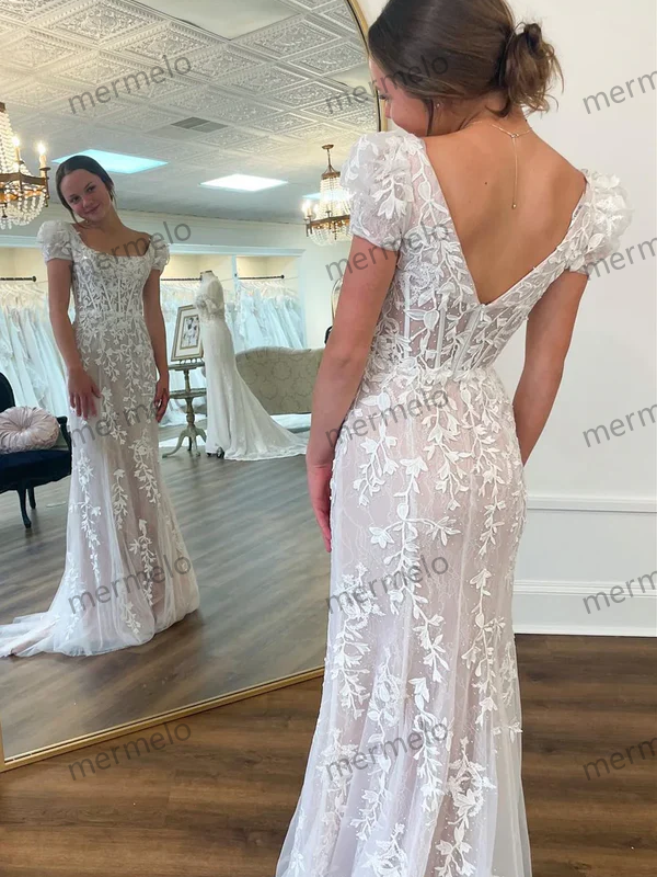 Ivory Square Neck Puff Sleeves Appliques Tulle Long Prom Dress