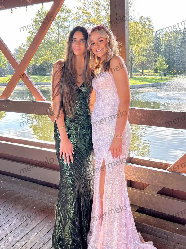 Sparkly Straps Mermaid Sequin Backless Prom Dress Evening Dress with Slit