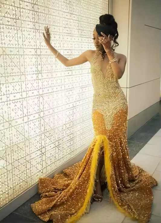 Luxury Golden Sequin Prom Dresses Crystal Rhinestone Mermaid Party Gowns For Black Girls African Evening Dress Customized