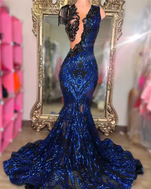 Sparkly Royal Blue Diamonds Mermaid Prom Dress Sequins Gown Bead Crystal Tassels Wedding Birthday Party Dress Customized