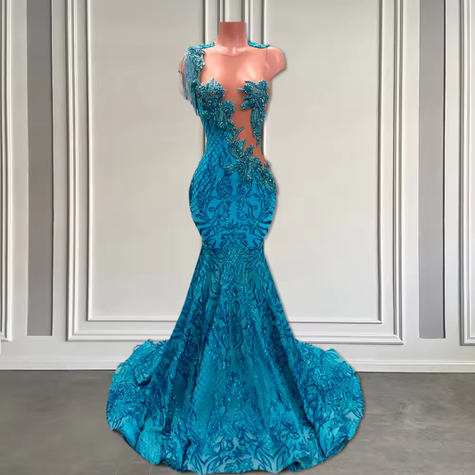 Sparkly Lace Peacock Blue Prom Dress Long 2025 Luxury Beaded Black Girls Mermaid Fitted Prom Gowns with Tassel Customized