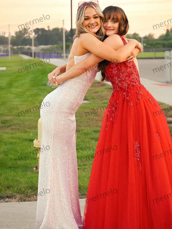 Sparkly Straps Mermaid Sequin Backless Prom Dress Evening Dress with Slit