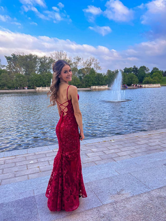 Pretty Mermaid Spaghetti Straps Burgundy Backless Prom Dresses