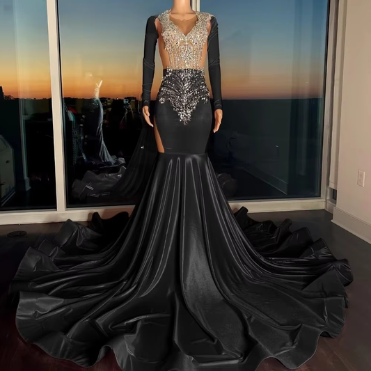 Luxury African American Prom Dresses For Black Girls Mermaid Long Sleeves Crystals Robe De Soiree Evening Gown Customized