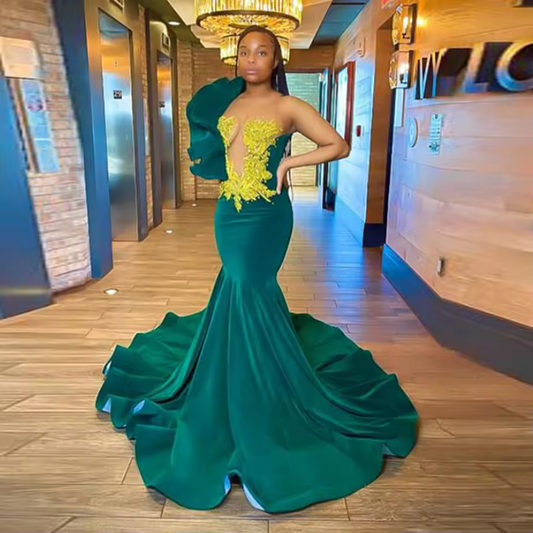 Aso Ebi Style Gold Lace Appliques Evening Gowns Green Mermaid Prom Dresses Women Formal Occasion Party Dress Sweep Train