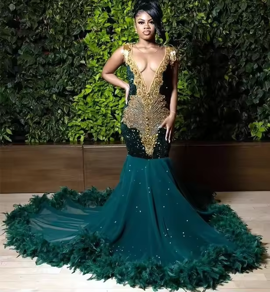 African American Prom Dresses Mermaid Sheer Beaded Crystals Feather Black Girls Robe De Soiree Evening Dresses Gown Customized