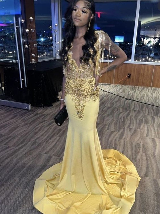 Yellow Beaded Long Prom Dress Formal Party Dress Mermaid Prom Dress
