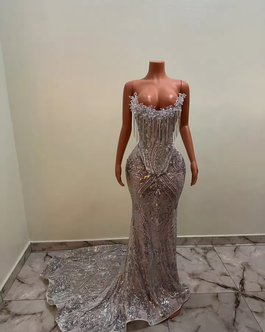 Silver Mermaid Long Prom Dresses 2025 For Black Girls Corset Strapless Sequin Crystal Tassel Evening Gowns For Party Customized