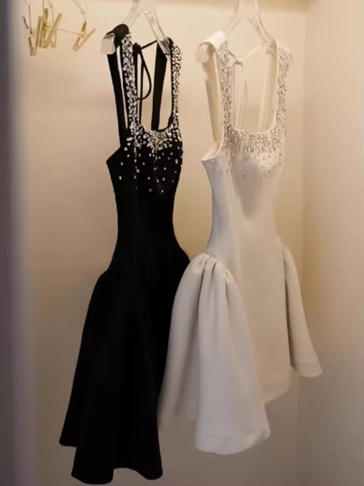 Short Diamonds Splcing Sleeves Solid Women Dress Slim Patchwork Lace Up Strapless Party Dresses Fashion