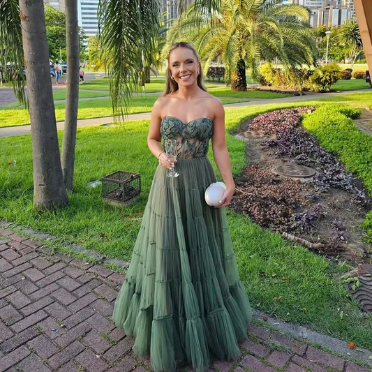 Customized Elegant Ball Dress Layered Chiffon A-line Lace Glitter Evening Dress Women's Graduation Ceremony Formal Party Dress