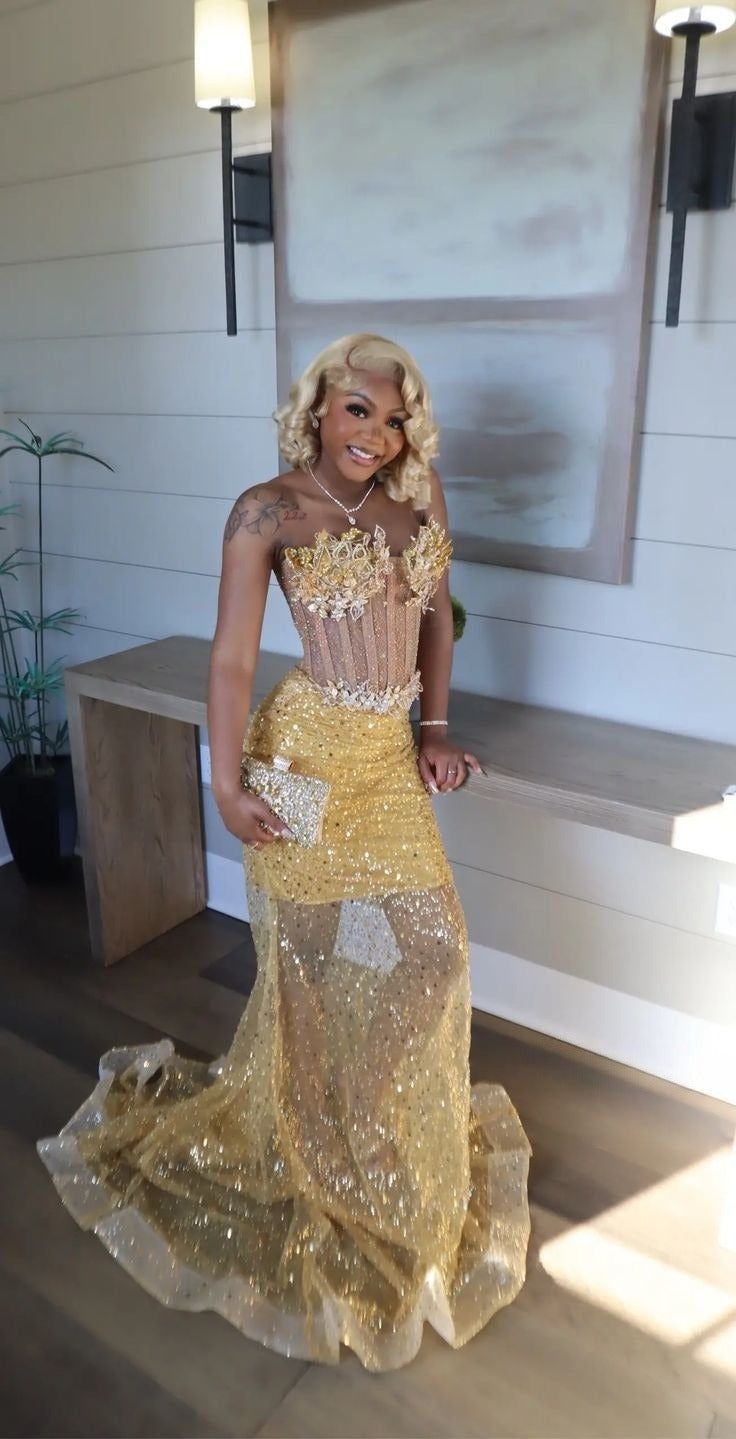 Gold Mermaid Prom Dress Evening Formal Party Birthday Engagement Gowns