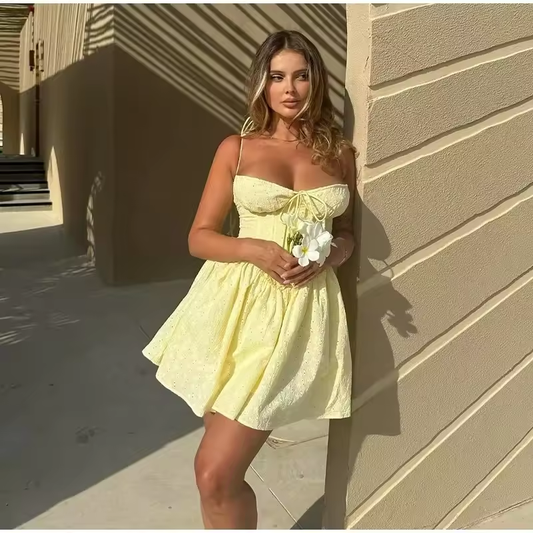 Summer Spaghetti Strap Corset Dress Sexy Short Flare A Line Party Dresses Yellow Elegant Jacquard Dress