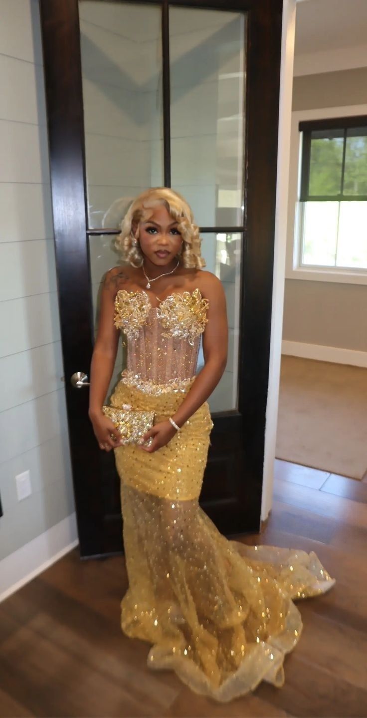 Gold Mermaid Prom Dress Evening Formal Party Birthday Engagement Gowns