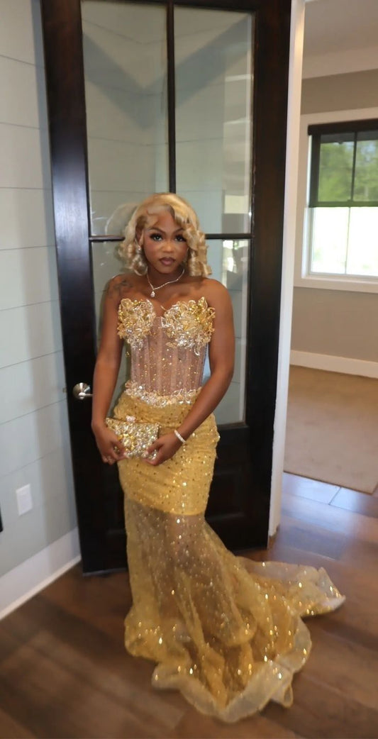 Gold Mermaid Prom Dress Evening Formal Party Birthday Engagement Gowns