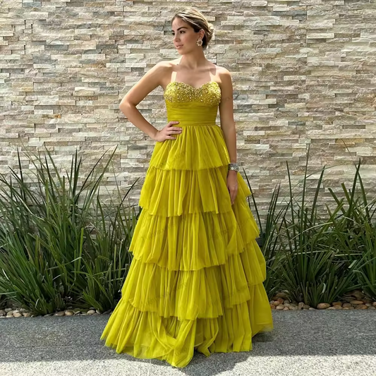 Evening Dresses A-Line Tulle Tiered Prom Dress Beading Sequin Appliques Sleeveless Backless Robes Vestidos De Noche