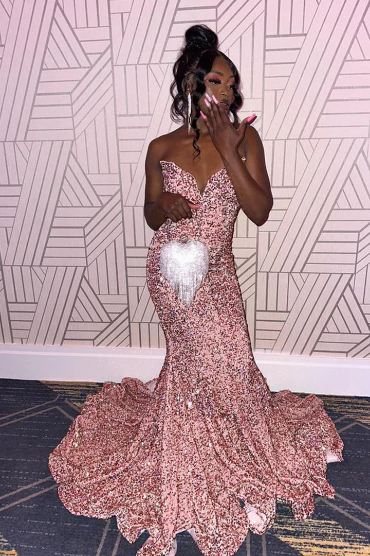 Mermaid Sweetheart Pink Sequins Long Prom Dress