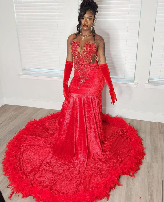 Exquisite Velvet Mermaid Gown with Feather Trim and Beaded Appliqué