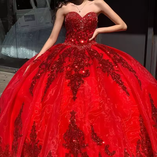 Red Luxury Quinceanera Dresses Ball Gown Puffy Tulle Lace Appliques Beads Crystal New Sweet 16 Dresses Party Prom Gown