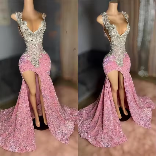 Sparkly Pink Diamonds Long Mermaid Prom Dresses Glitter Crystal Beading Sequins Evening Gown Side Split Robe Customized