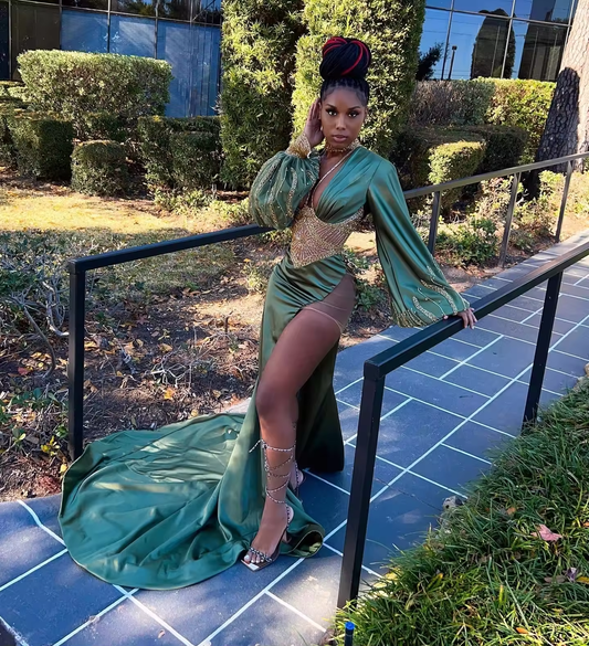 Customized South African Prom Dresses Mermaid Long Sleeves Beaded Slit Black Girls Robe De Soiree Evening Dresses Gown