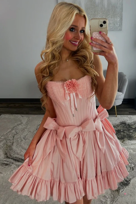 A-Line Boat Neck 3D Flower Bow Knot Pink Homecoming Dress