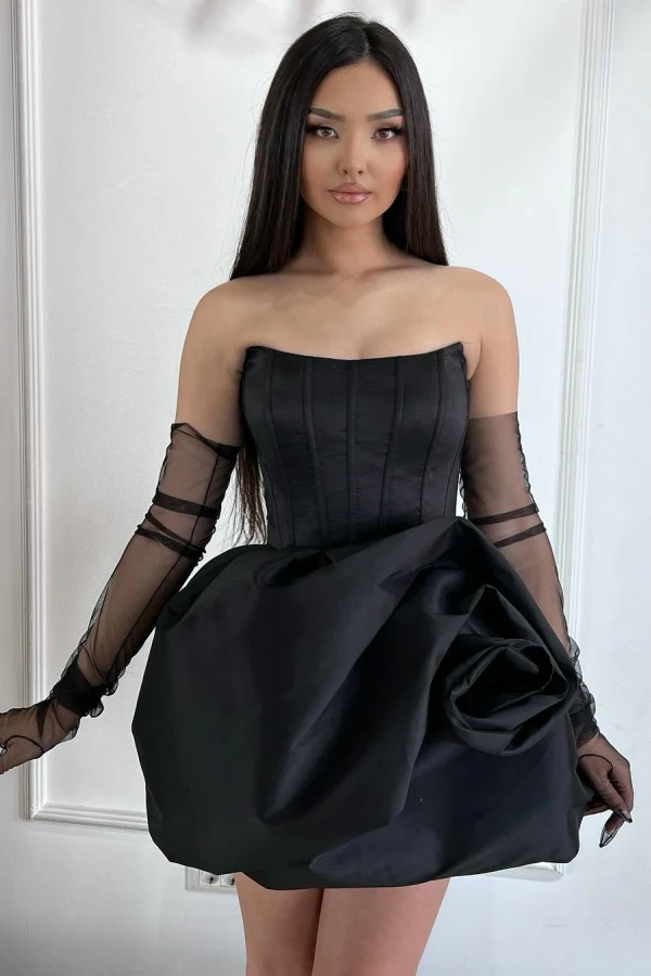 A-Line Boat Neck Ruched Black Homecoming Dress Party Dress