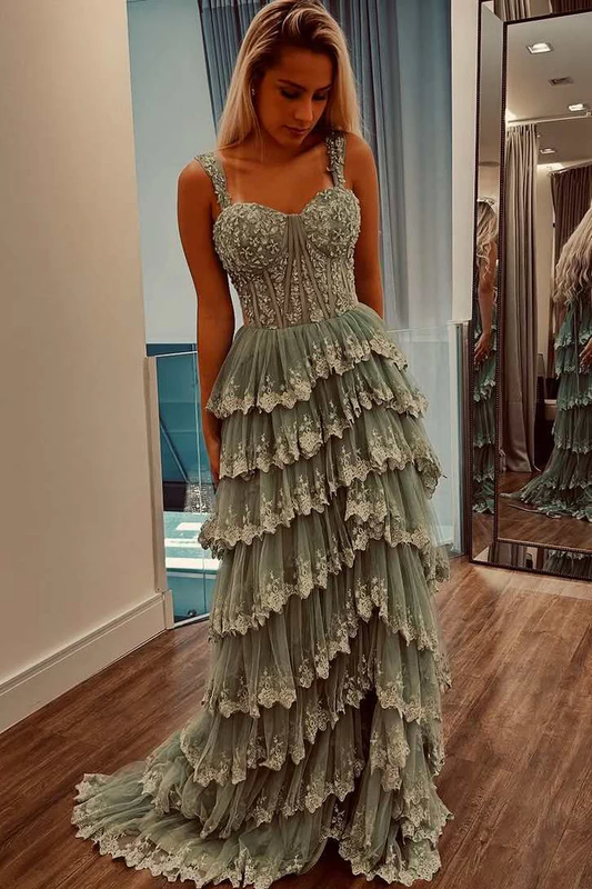 A-Line Empire-Waist Straps Layered Appliques Sleeveless Long Prom Dress