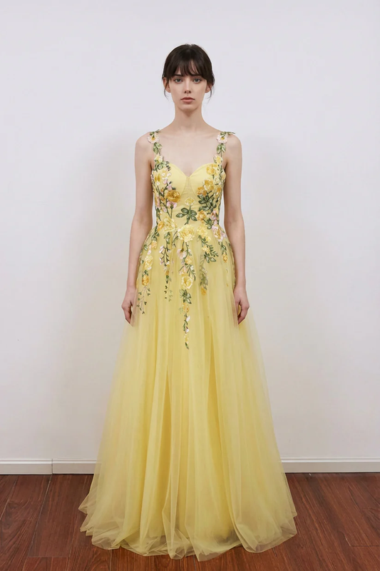 A-Line Flower Embroidery Light Yellow Prom Dress Formal Gown