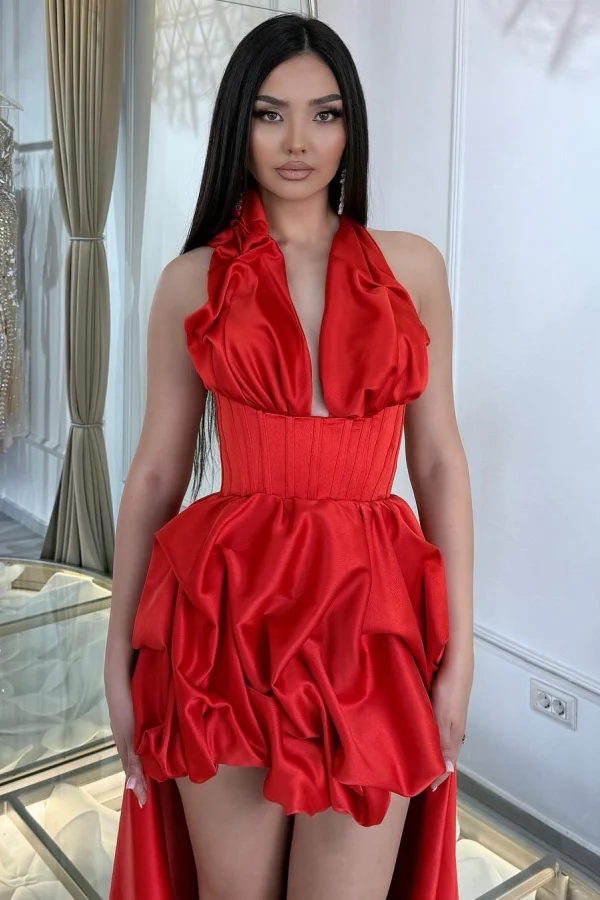 A-Line Low V Neck Halter Ruched Detachable Train Homecoming Dress