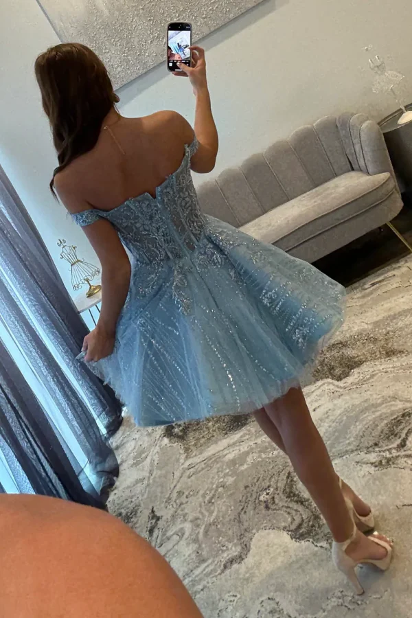 A-Line Off Shoulder Appliques Sequins Sparkly Tulle Homecoming Dress